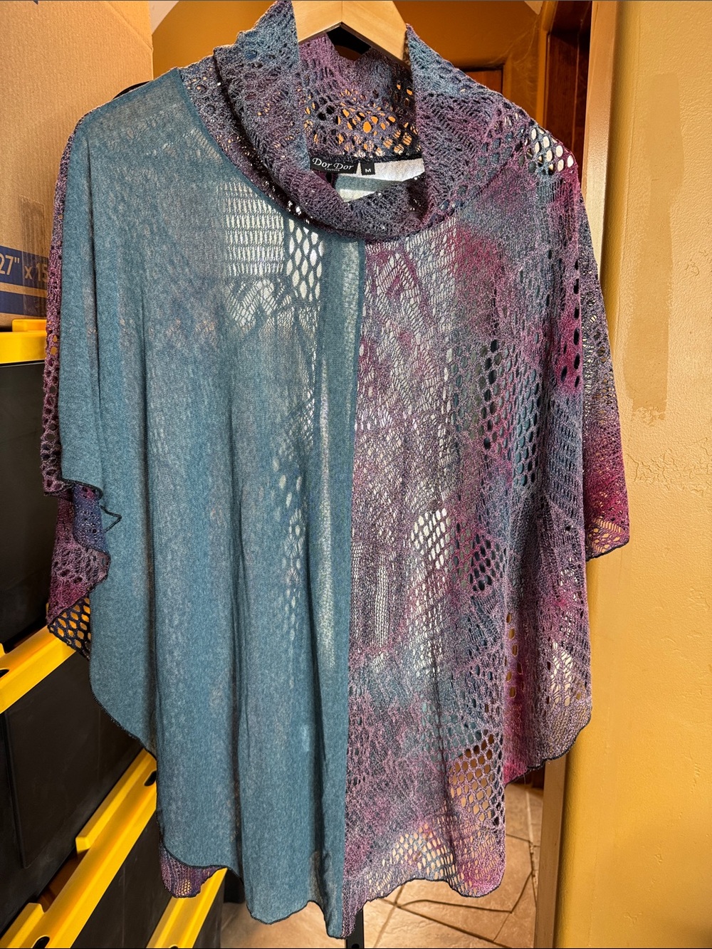 Dor Dor Couture Teal Purple Crochet Poncho Cowl Neck Boho Open Knit OSFM - Picture 4 of 12